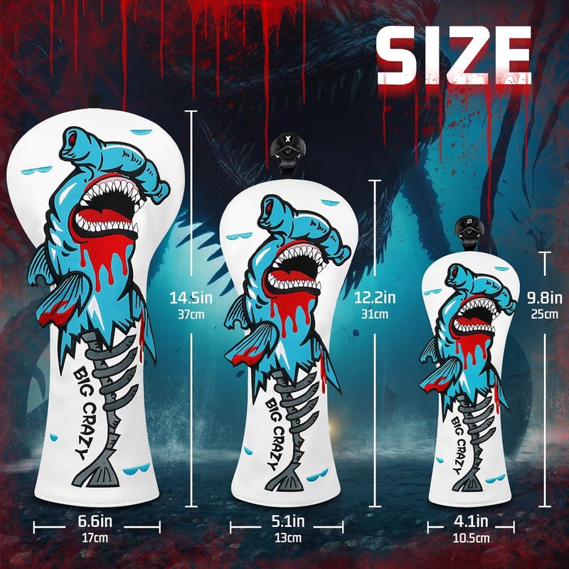 Big Crazy Golf Head Covers, Golf Club Covers Funny, Driver Headcovers, Golf Club Covers, Fairway Woods Head Covers, Hybrids Headcover, Putter Cover with Soft Lining for Golf Gift Hammerhead Sharks - Image 3